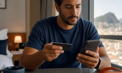 Milhas ou cashback: como escolher o benefício que mais combina com você - destacada: Pessoa comparando milhas ou cashback em um cartão de crédito para planejar uma viagem