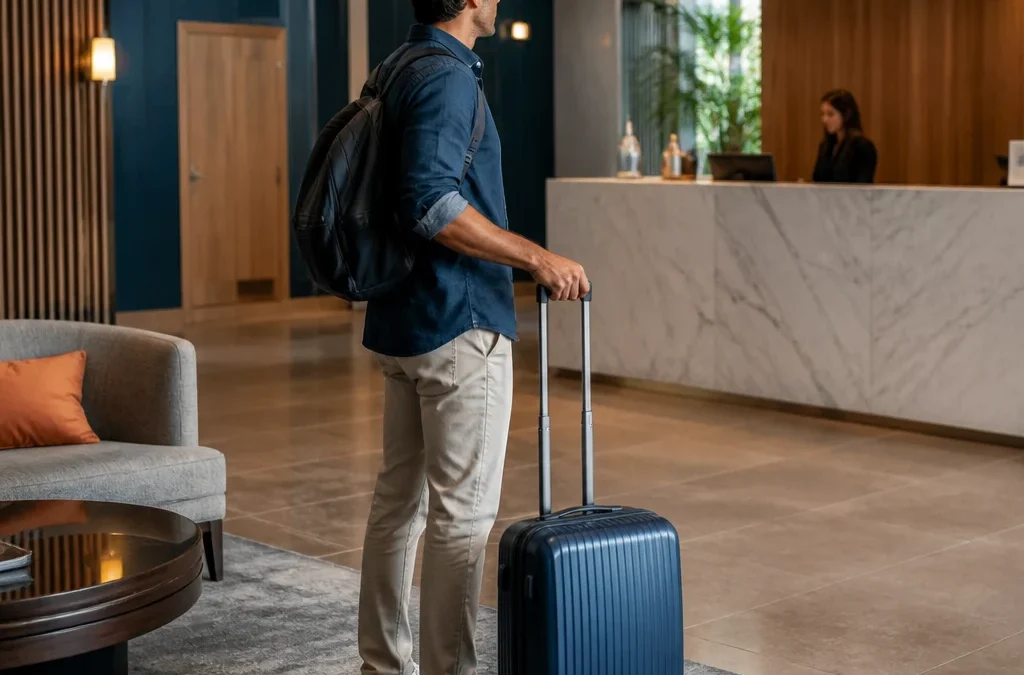 Não vai chegar ao hotel? Entenda as consequências do no-show - destacada: Viajante com mala olhando para a recepção de hotel e pensando em não comparecer à reserva
