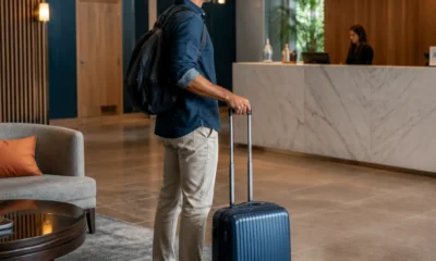 Não vai chegar ao hotel? Entenda as consequências do no-show - destacada: Viajante com mala olhando para a recepção de hotel e pensando em não comparecer à reserva