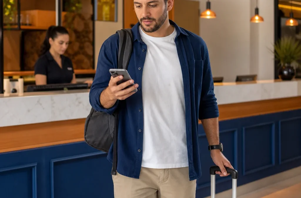 O que é voucher de hotel e como usá-lo sem problemas - destacada: Hóspede conferindo voucher de hotel no celular antes do check-in