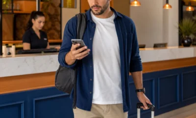 O que é voucher de hotel e como usá-lo sem problemas - destacada: Hóspede conferindo voucher de hotel no celular antes do check-in