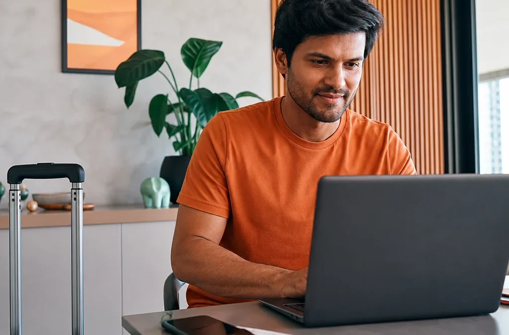 destacada: Passageiro pesquisando o que são pontos qualificáveis Azul em um notebook antes de planejar uma viagem