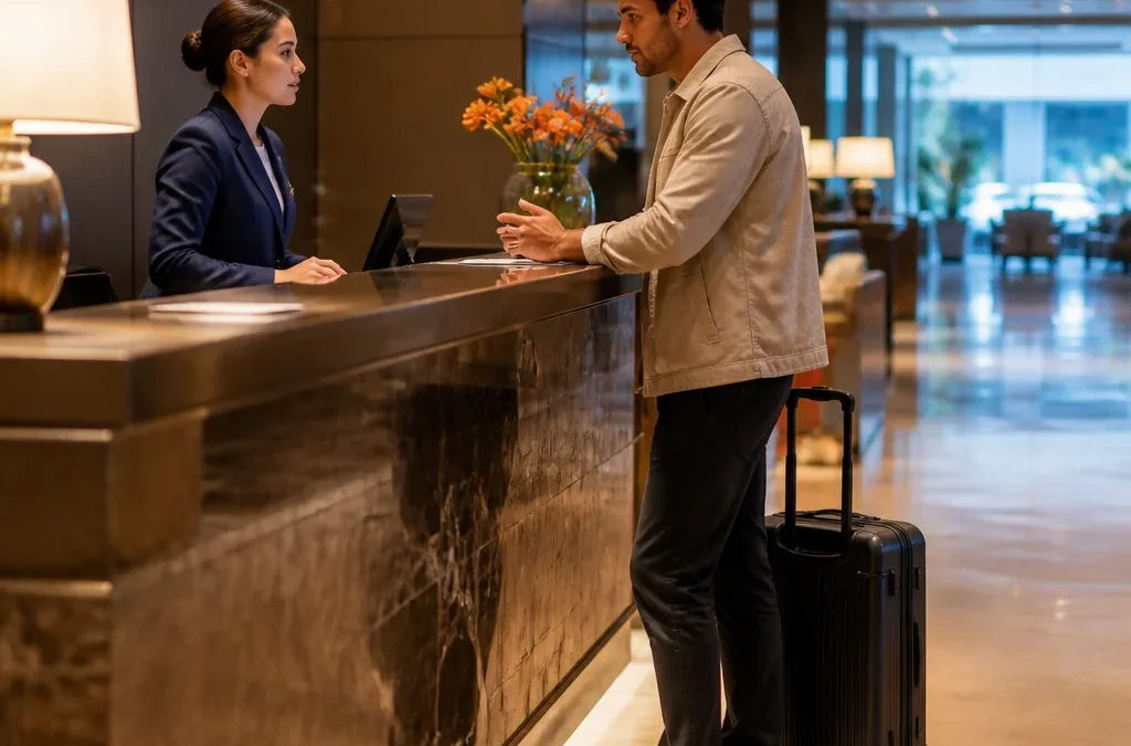 Overbooking em hotel: o que fazer se sua reserva não tiver quarto - destacada: Recepcionista atendendo hóspede diante de overbooking em hotel