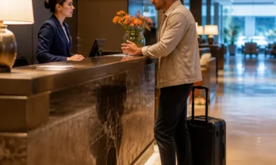 Overbooking em hotel: o que fazer se sua reserva não tiver quarto - destacada: Recepcionista atendendo hóspede diante de overbooking em hotel