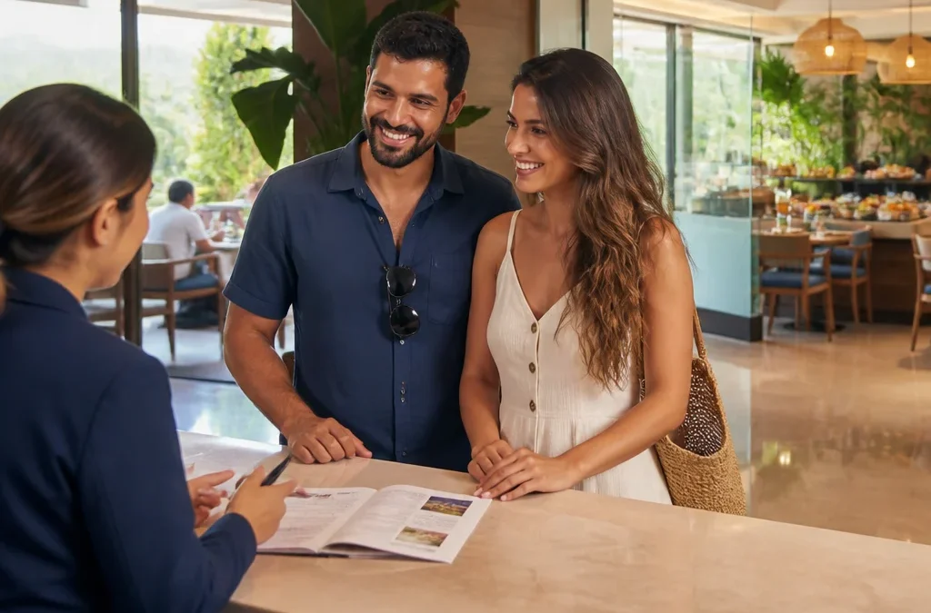Pacote de viagem inclui alimentação? Saiba o que conferir antes de reservar - destacada: Casal consultando informações sobre refeições inclusas em pacote de viagem no hotel