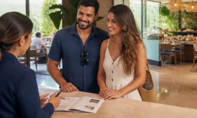 Pacote de viagem inclui alimentação? Saiba o que conferir antes de reservar - destacada: Casal consultando informações sobre refeições inclusas em pacote de viagem no hotel