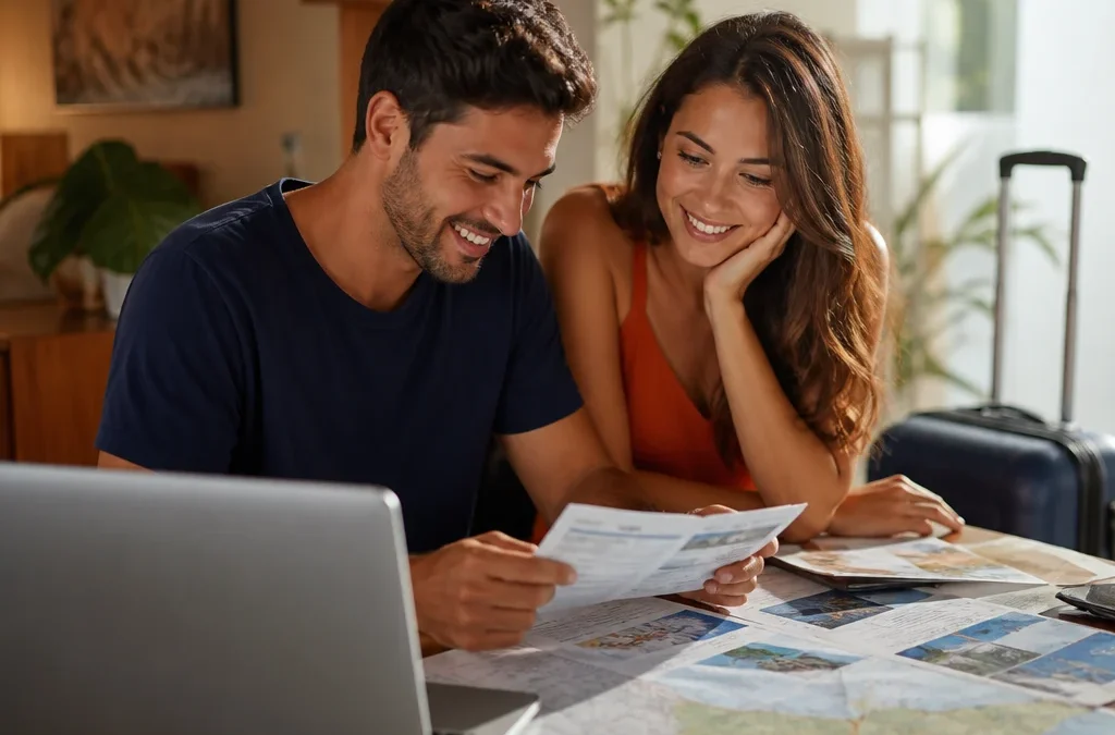 Pacote de viagem inclui passagem de ida e volta? Saiba o que conferir - destacada: Casal conferindo bilhetes de ida e volta em um pacote de viagem