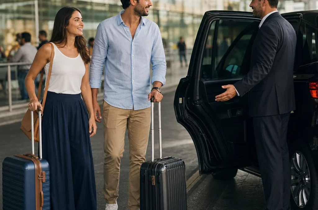 Pacote de viagem inclui transfer? Saiba o que conferir na reserva - destacada: Casal chegando ao aeroporto e encontrando transfer para hotel incluso no pacote de viagem