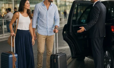 Pacote de viagem inclui transfer? Saiba o que conferir na reserva - destacada: Casal chegando ao aeroporto e encontrando transfer para hotel incluso no pacote de viagem