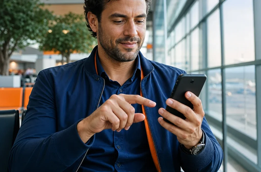 Passagem com pontos e dinheiro: quando essa opção pode valer a pena - destacada: Viajante comparando passagem com pontos e dinheiro no celular antes de uma viagem