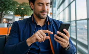 Passagem com pontos e dinheiro: quando essa opção pode valer a pena - destacada: Viajante comparando passagem com pontos e dinheiro no celular antes de uma viagem