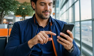 Passagem com pontos e dinheiro: quando essa opção pode valer a pena - destacada: Viajante comparando passagem com pontos e dinheiro no celular antes de uma viagem