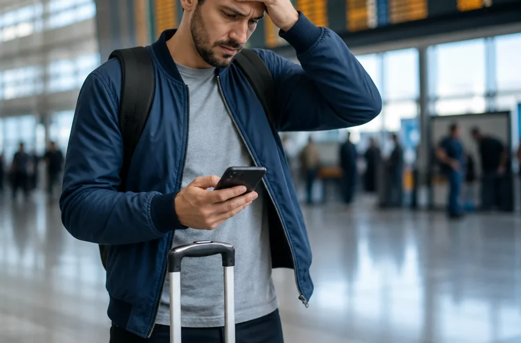 Perdeu o voo do pacote? Entenda o que pode acontecer com a viagem - destacada: Passageiro preocupado consultando o painel de partidas após perder o voo do pacote
