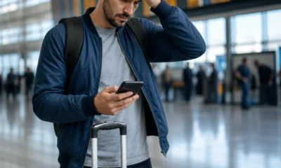 Perdeu o voo do pacote? Entenda o que pode acontecer com a viagem - destacada: Passageiro preocupado consultando o painel de partidas após perder o voo do pacote