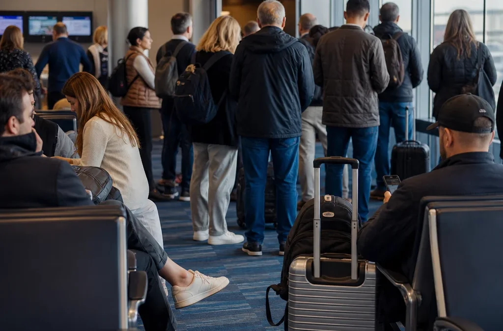 portão de embarque fecha quanto tempo antes - destacada: Passageiros aguardando próximos ao portão de embarque no aeroporto antes do voo.