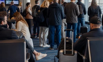 portão de embarque fecha quanto tempo antes - destacada: Passageiros aguardando próximos ao portão de embarque no aeroporto antes do voo.