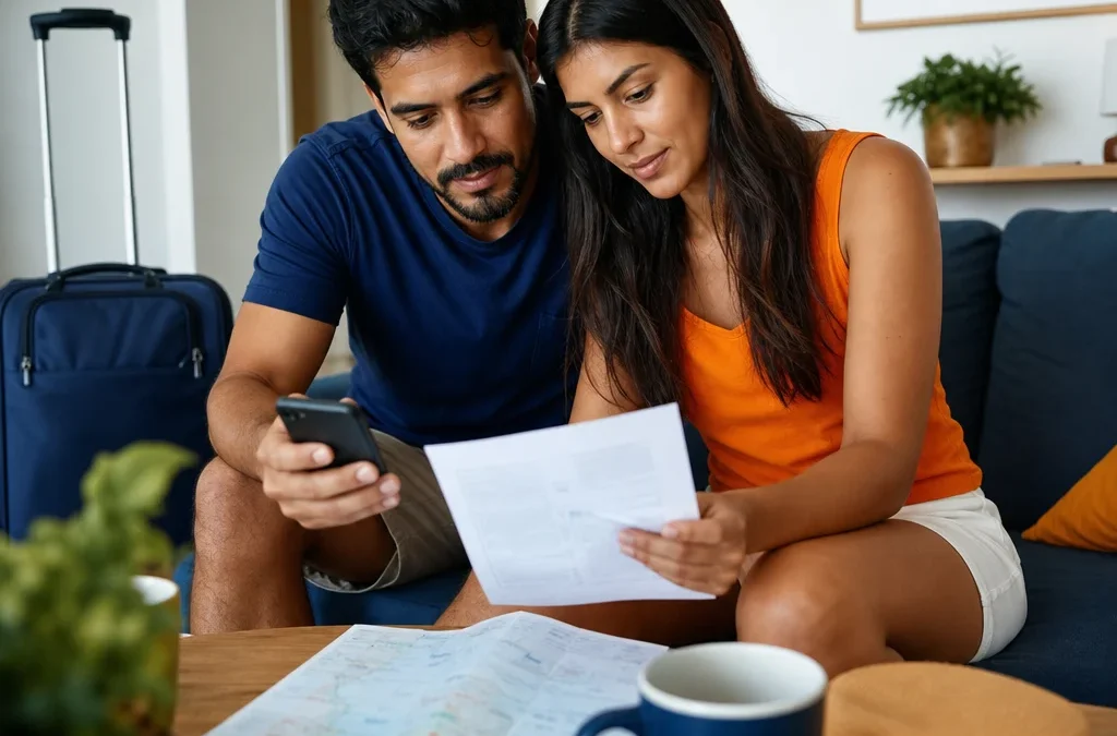 Posso alterar a data de um pacote de viagem? Entenda as condições - destacada: Casal analisando a alteração de data de um pacote de viagem no celular