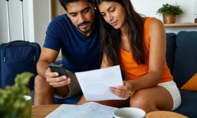 Posso alterar a data de um pacote de viagem? Entenda as condições - destacada: Casal analisando a alteração de data de um pacote de viagem no celular