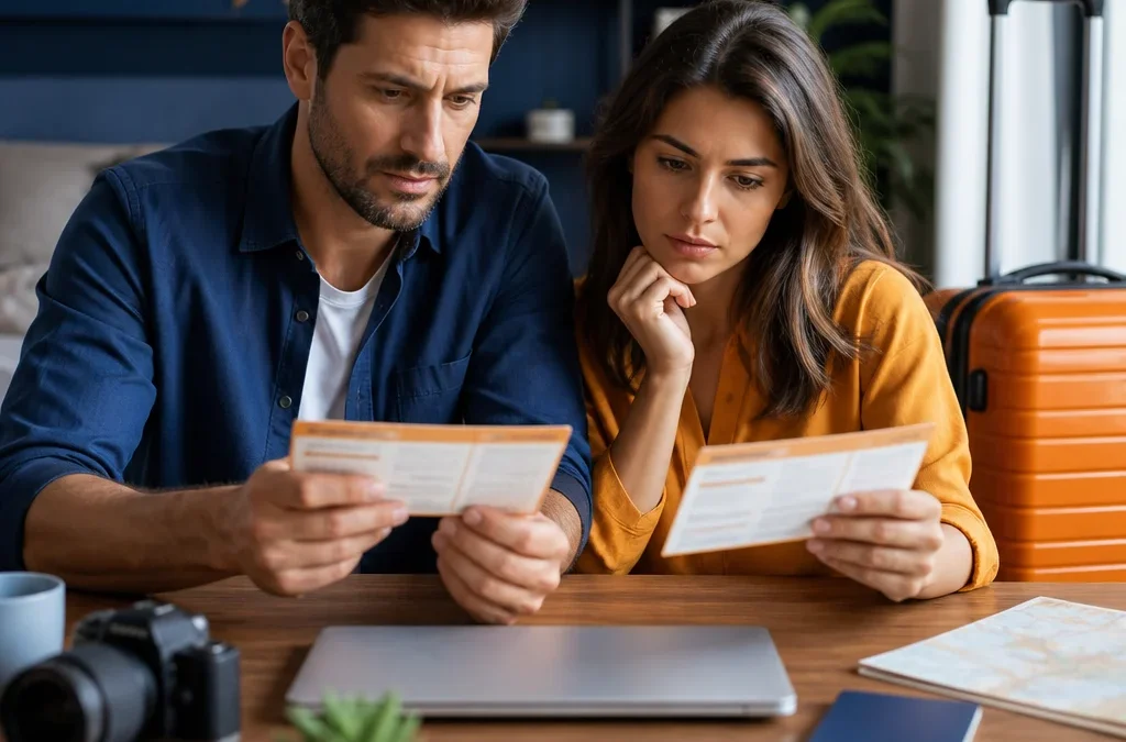 Posso transferir pacote de viagem para outra pessoa? Veja as condições - destacada: Casal analisando documentos para transferir pacote de viagem para outra pessoa