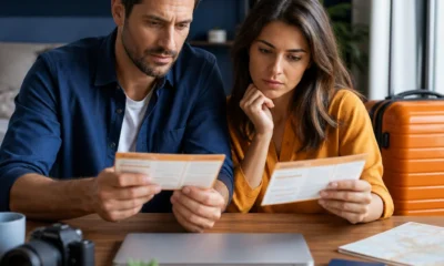 Posso transferir pacote de viagem para outra pessoa? Veja as condições - destacada: Casal analisando documentos para transferir pacote de viagem para outra pessoa