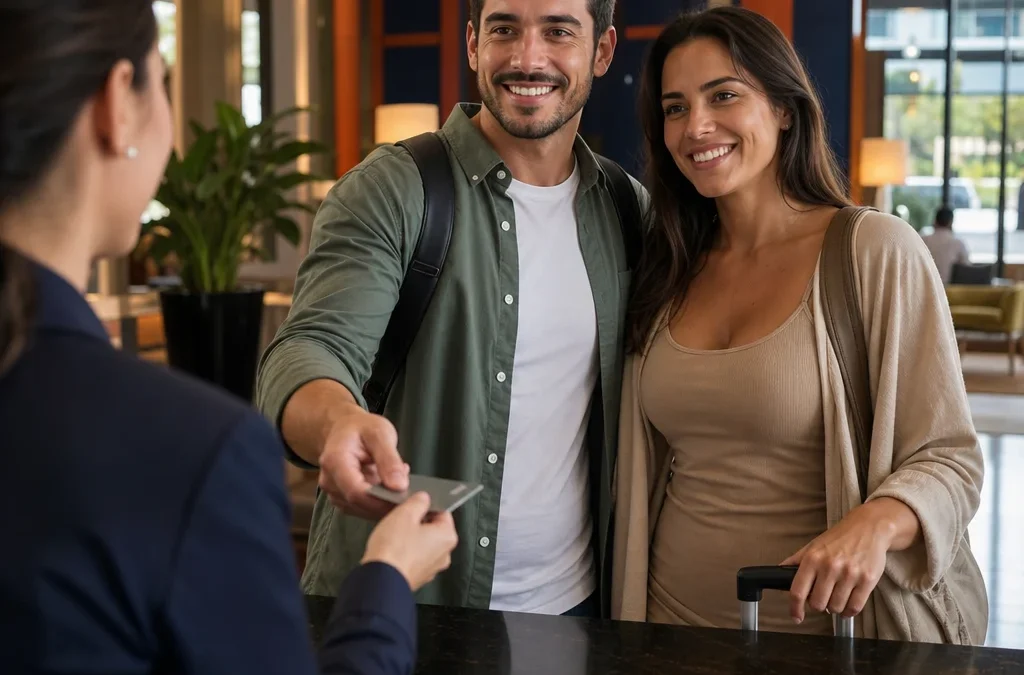 Quais documentos precisa para entrar no hotel? Check-in sem imprevistos - destacada: Casal apresentando documentos para check-in no hotel