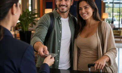 Quais documentos precisa para entrar no hotel? Check-in sem imprevistos - destacada: Casal apresentando documentos para check-in no hotel