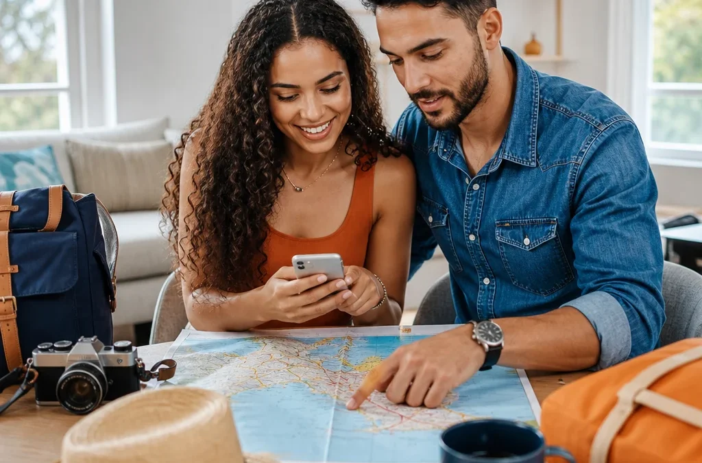 Quanto tempo antes comprar pacote de viagem para planejar melhor - destacada: Casal planejando quanto tempo antes comprar pacote de viagem com mapas e celular