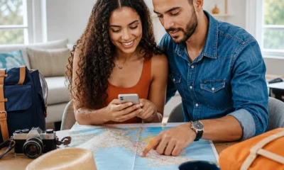Quanto tempo antes comprar pacote de viagem para planejar melhor - destacada: Casal planejando quanto tempo antes comprar pacote de viagem com mapas e celular