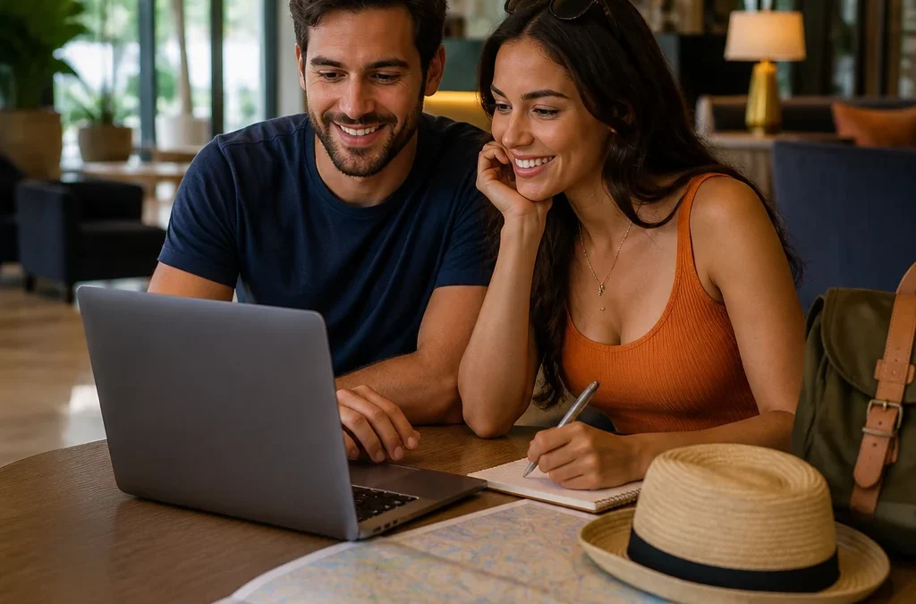 Quanto tempo antes reservar hotel para viajar com mais tranquilidade - destacada: Casal planejando quanto tempo antes reservar hotel com notebook e mapa de viagem