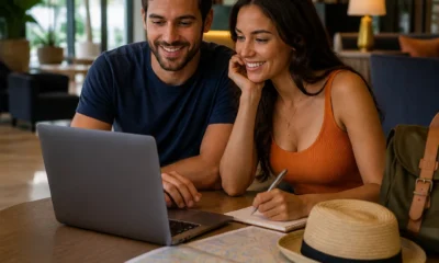 Quanto tempo antes reservar hotel para viajar com mais tranquilidade - destacada: Casal planejando quanto tempo antes reservar hotel com notebook e mapa de viagem