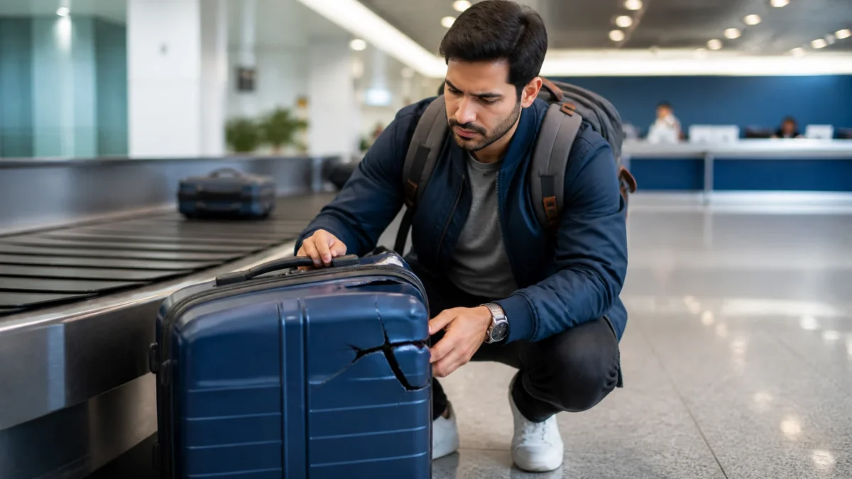 Bagagem danificada: o que fazer no aeroporto e como registrar - Passageira verificando uma mala danificada pela companhia aérea na área de retirada de bagagens