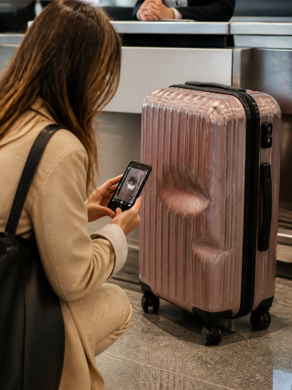 Bagagem danificada: o que fazer no aeroporto e como registrar - Viajante registrando uma bagagem danificada no balcão da companhia aérea