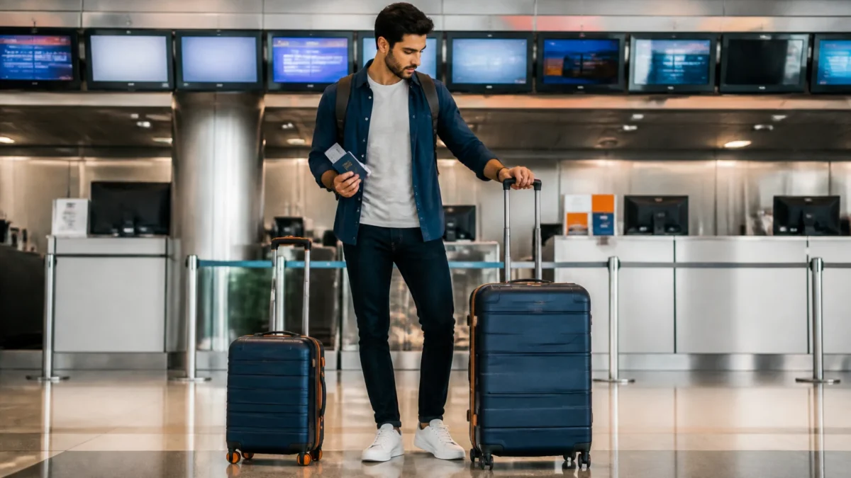 Bagagem de mão ou mala despachada: qual escolher para cada viagem - Passageiro comparando bagagem de mão e mala despachada no aeroporto