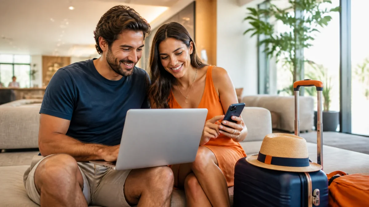 Como comparar o preço do mesmo hotel e evitar surpresas na reserva - Casal comparando o preço do mesmo hotel em diferentes reservas