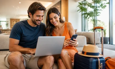 Como comparar o preço do mesmo hotel e evitar surpresas na reserva - Casal comparando o preço do mesmo hotel em diferentes reservas