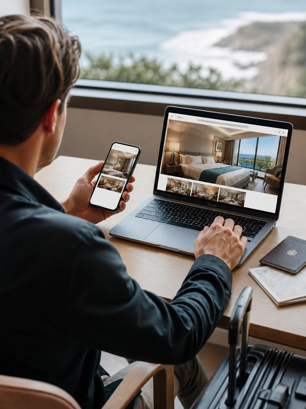Como comparar o preço do mesmo hotel e evitar surpresas na reserva - Viajante comparando o preço do mesmo hotel em diferentes plataformas de reserva