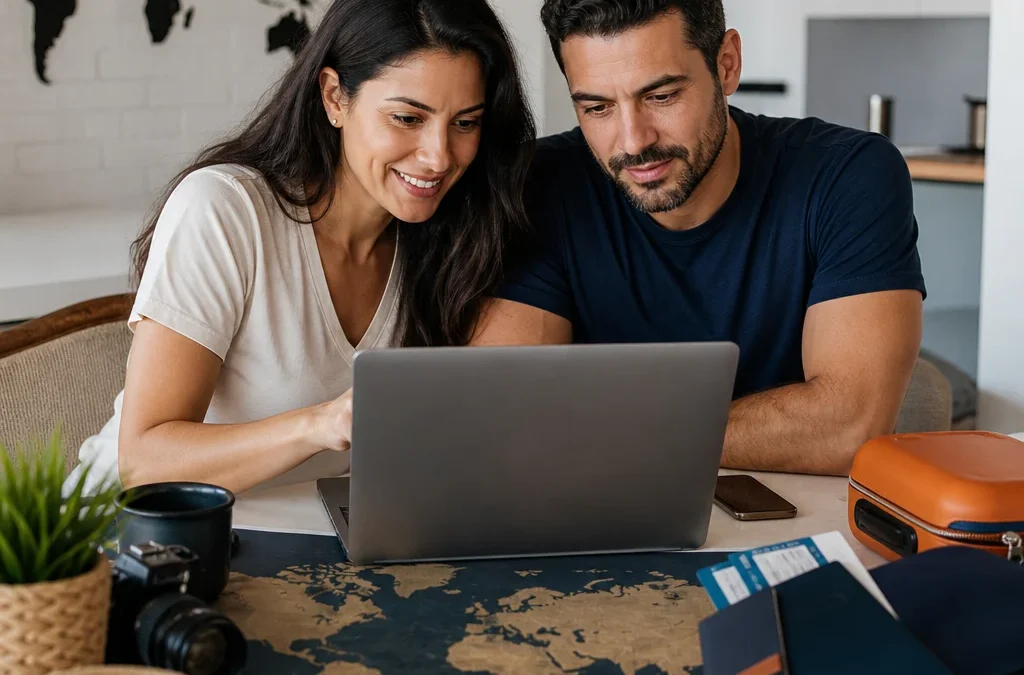 Como comparar preços de pacotes de viagem sem cair em falsas ofertas - destacada: Casal comparando preços de pacotes de viagem em notebook com mapas e documentos de viagem