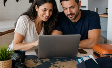 Como comparar preços de pacotes de viagem sem cair em falsas ofertas - destacada: Casal comparando preços de pacotes de viagem em notebook com mapas e documentos de viagem