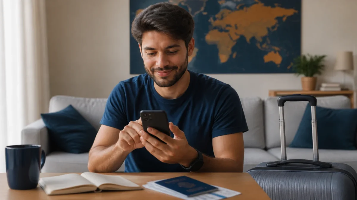 Como comprar passagem aérea no Pix com segurança e sem erros - Viajante comprando passagem aérea no Pix pelo celular