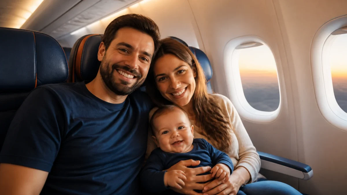 Como comprar passagem aérea para bebê e evitar erros na emissão - Bebê no colo de responsável durante viagem de avião