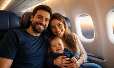 Como comprar passagem aérea para bebê e evitar erros na emissão - Bebê no colo de responsável durante viagem de avião