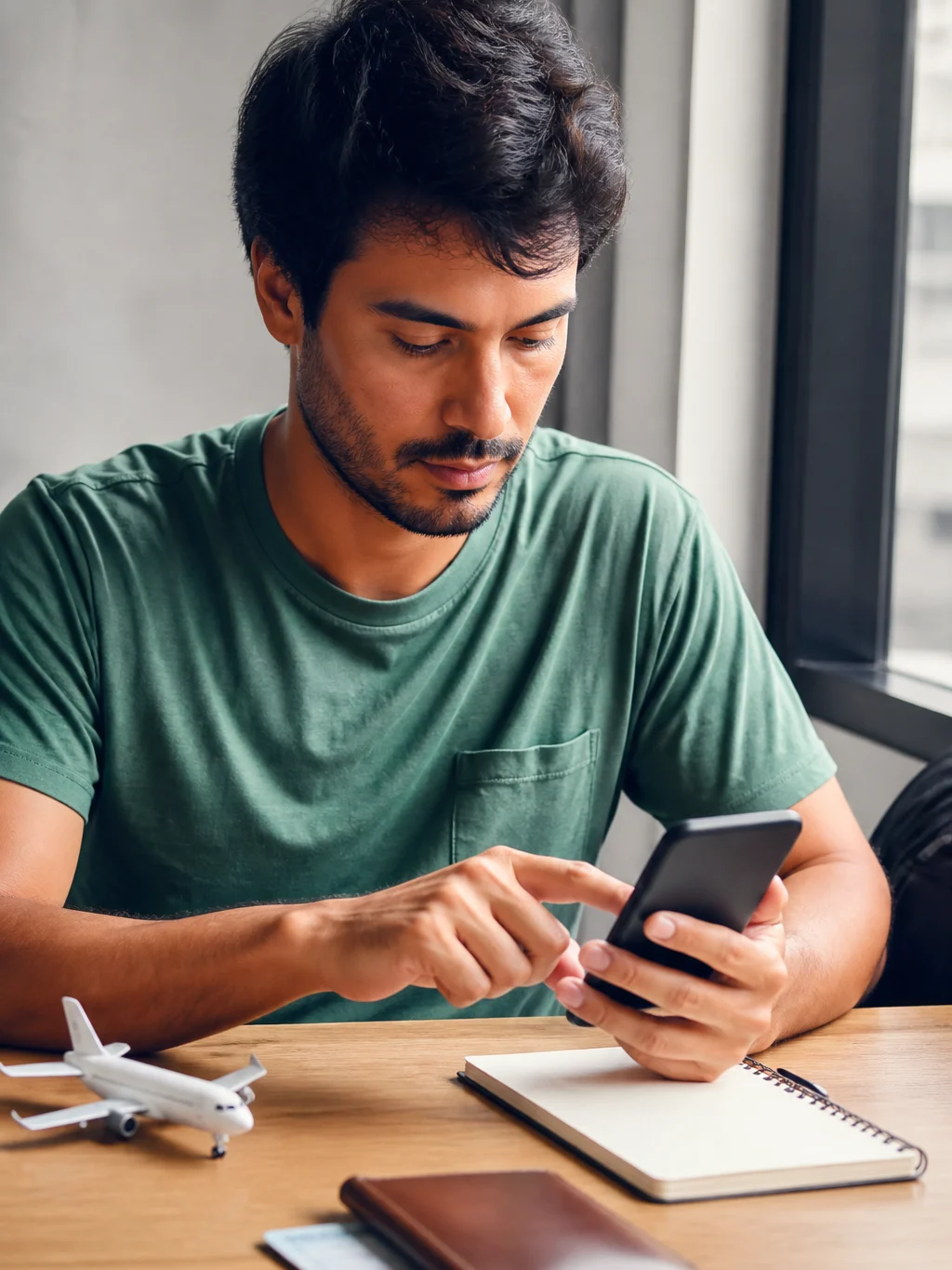 Como comprar passagem aérea sem cartão de crédito com segurança - Viajante avaliando como comprar passagem aérea sem cartão de crédito pelo celular
