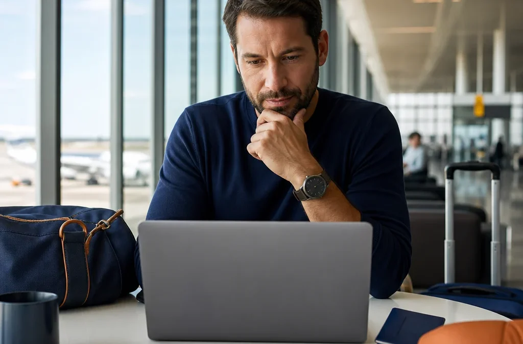 Como encontrar passagens baratas com milhas sem desperdiçar pontos - destacada: Viajante pesquisando passagens baratas com milhas em notebook