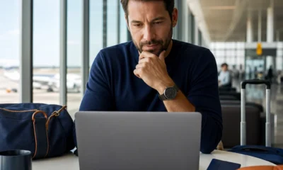Como encontrar passagens baratas com milhas sem desperdiçar pontos - destacada: Viajante pesquisando passagens baratas com milhas em notebook
