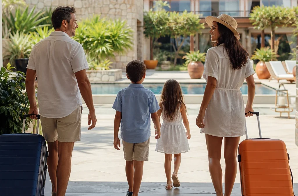 Como escolher hotel para família com crianças sem errar na reserva - destacada: Família com crianças escolhendo hotel para férias em destino brasileiro