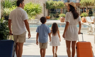 Como escolher hotel para família com crianças sem errar na reserva - destacada: Família com crianças escolhendo hotel para férias em destino brasileiro