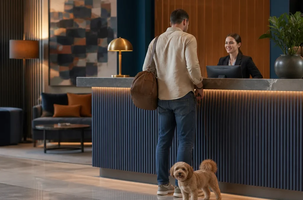 Como funciona hotel pet friendly e o que conferir na reserva - destacada: Tutor com cachorro fazendo check-in em hotel pet friendly