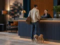Como funciona hotel pet friendly e o que conferir na reserva - destacada: Tutor com cachorro fazendo check-in em hotel pet friendly