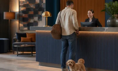 Como funciona hotel pet friendly e o que conferir na reserva - destacada: Tutor com cachorro fazendo check-in em hotel pet friendly