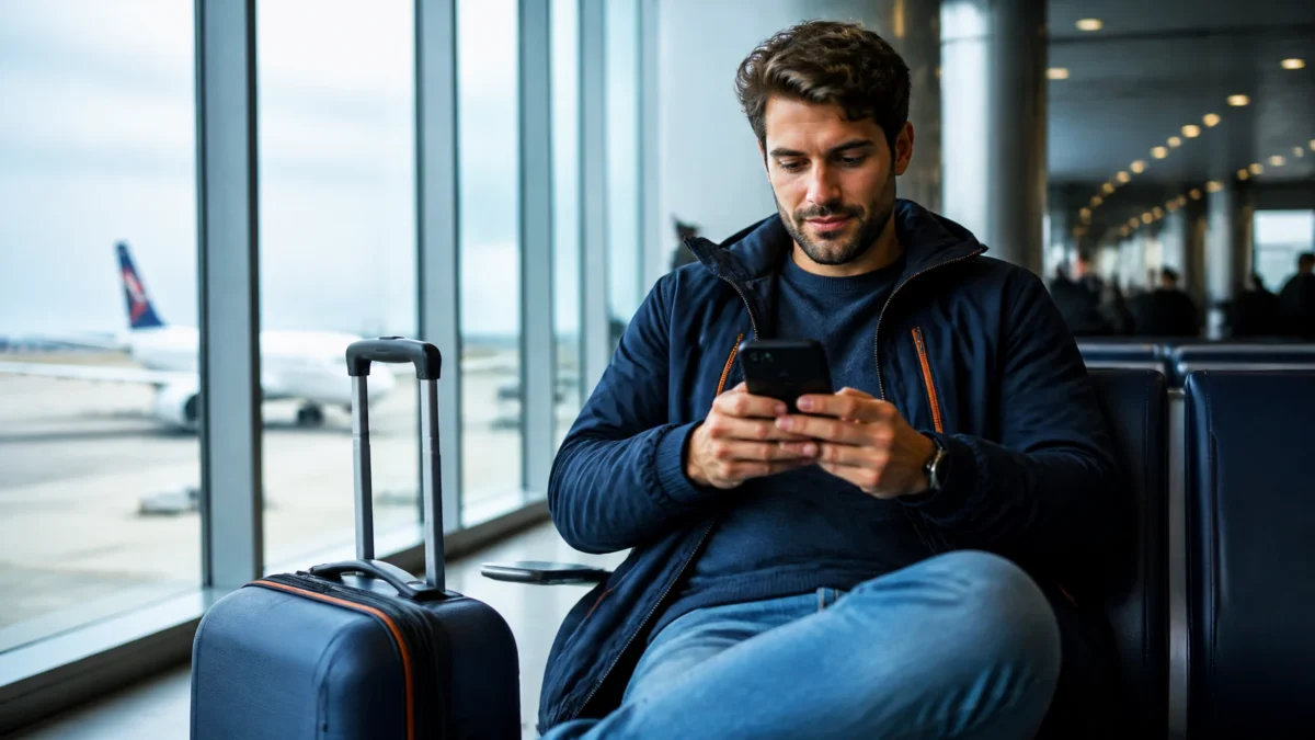 Como saber se a passagem aérea foi emitida e evitar problemas - Passageiro verificando se a passagem aérea foi emitida no celular